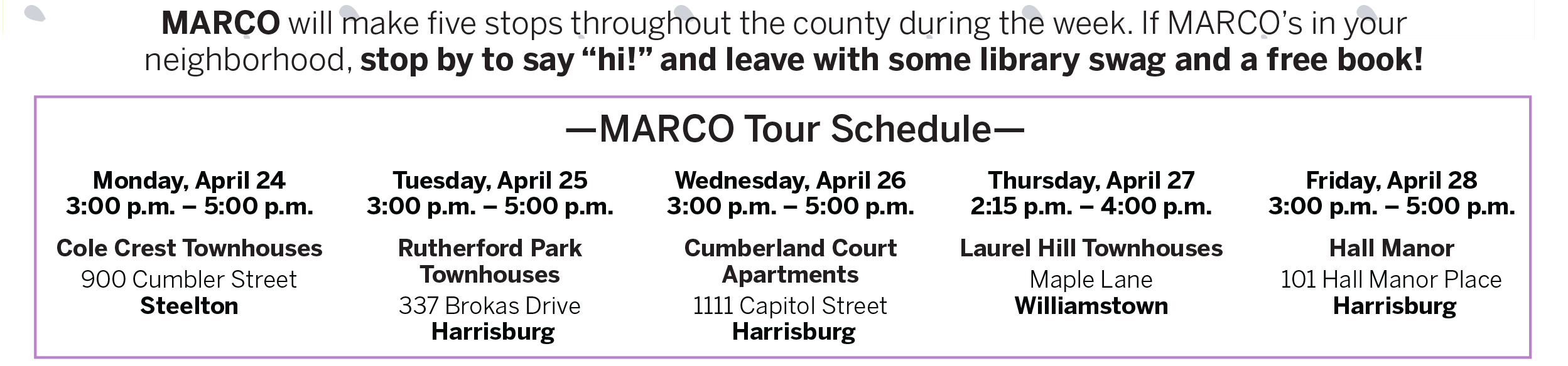 MARCO's NLW schedule