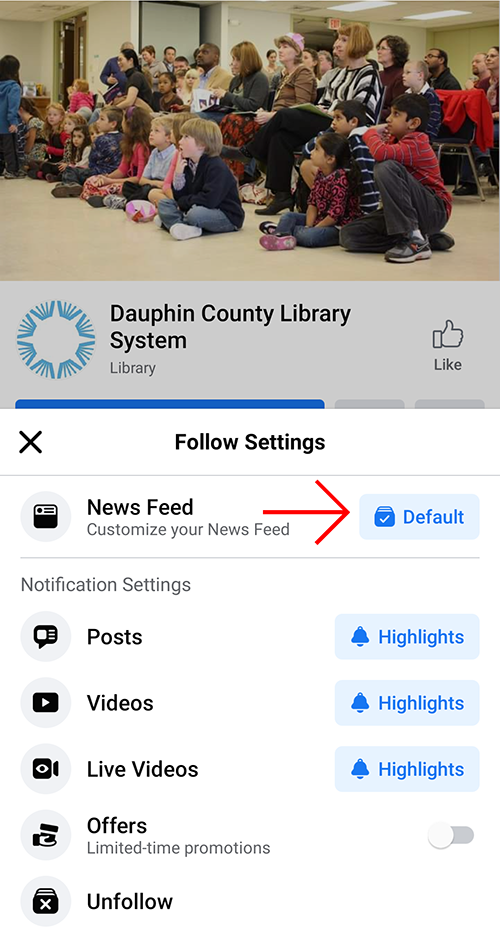 Step 3: Your News Feed setting will likely be "Default." Click on "Default."
