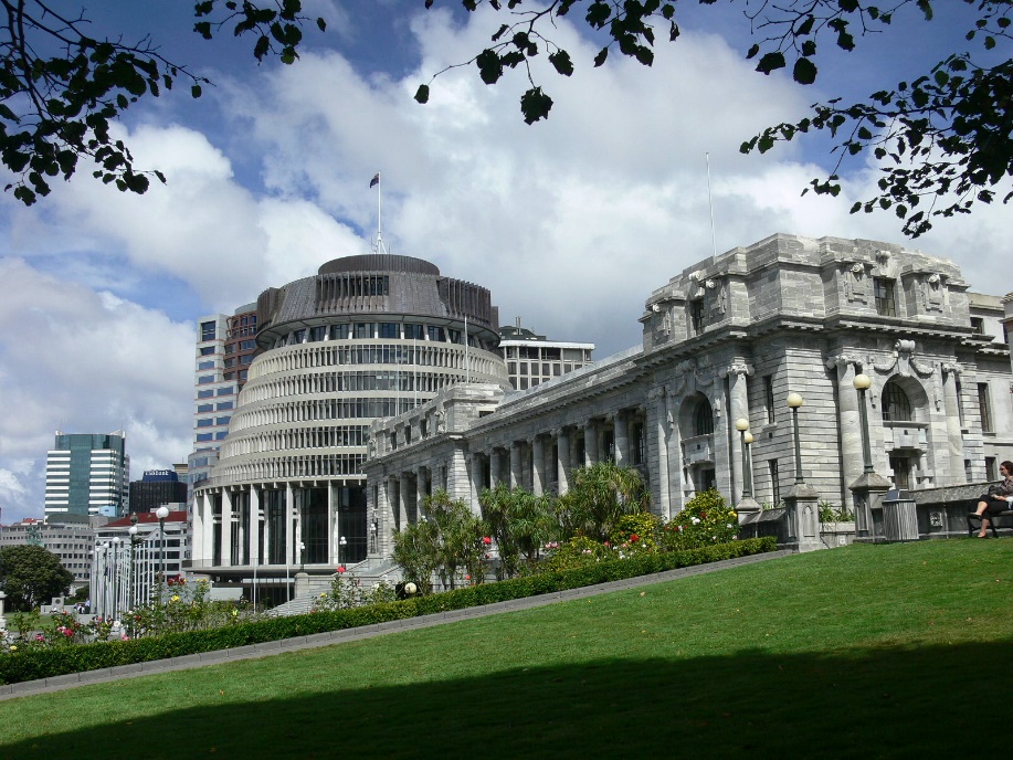 "Beehive and Parliament house, Wellington, New Zealand" by Lens_Flare is licensed under CC BY-NC 2.0